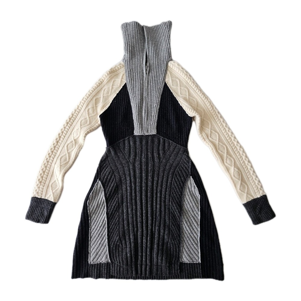 Zara SRPLS Neutral Colorblock Wool Half Zip Cable Knit Big Collar Dress XS